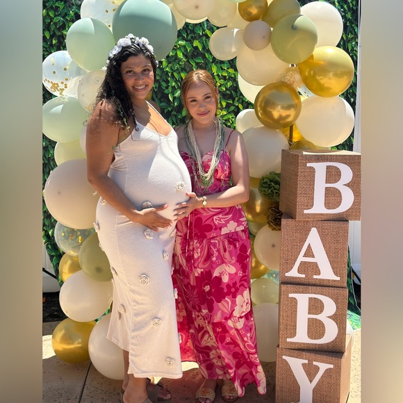 Cream Spaghetti Strap Backless 3D Flowers Maternity Maxi Dress - Picture 3 of 6